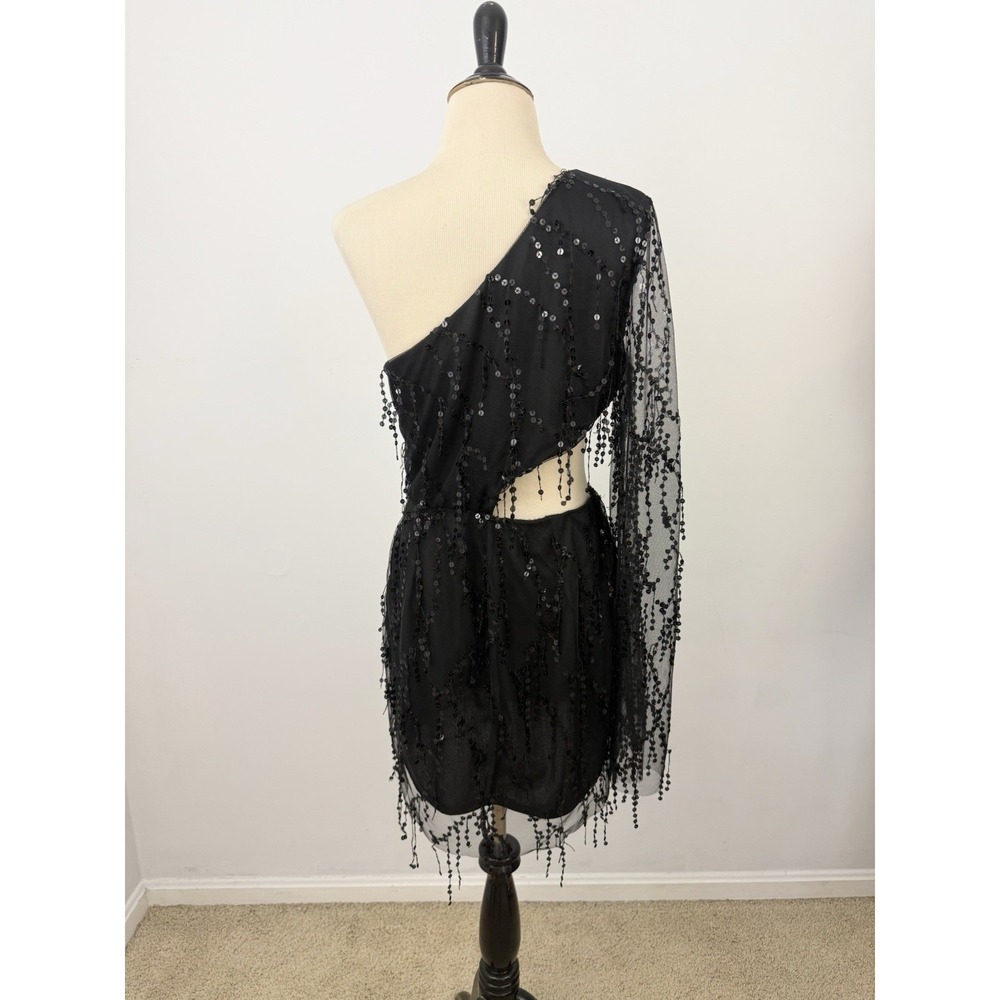 LUCY IN THE SKY Black Sequin One Shoulder Mesh DRESS L HOCO Whimsigoth Vamp Sexy - Picture 2 of 16